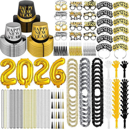 Fovths 145 Pieces 2026 New Years Eve Party Supplies Party Top Hats Headband Glasses Hand Clapper Leis Necklaces 2026 Gold Foil Balloons Happy New Year Decorations