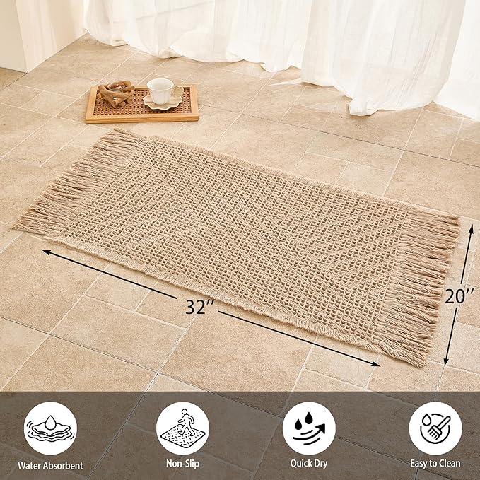 Waffle Bath Mat Non Slip, Boho Bathroom Rug, Super Absorbent Quick Dry Bathroom Mat, Soft Farmhouse Bath Rug with Tassels, Small Washable Shower Mats for Floor 20"x32", Tassels Brown