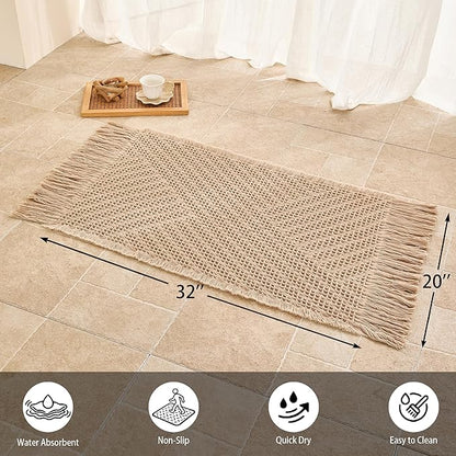 Waffle Bath Mat Non Slip, Boho Bathroom Rug, Super Absorbent Quick Dry Bathroom Mat, Soft Farmhouse Bath Rug with Tassels, Small Washable Shower Mats for Floor 20"x32", Tassels Brown