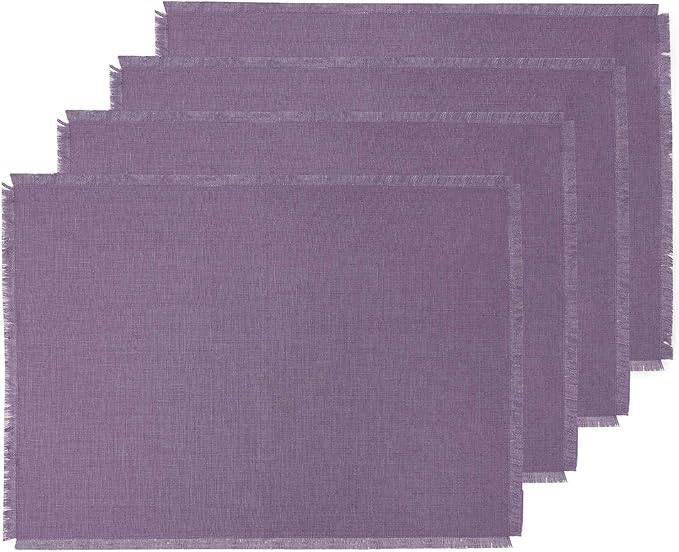 Solino Home Linen Fringe Cloth Placemats Set of 4-100% Pure Linen Mulberry Placemats 14 x 19 Inch for Fall, Autumn, Christmas, Holiday, New Year