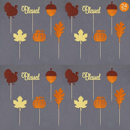 Gexolenu 24 Pcs Thanksgiving Cupcake Toppers Glitter Double-Sided Maple Leaf Blessed Turkey Pumpkin Cupcake Picks For Fall Theme Harvest Thanksgiving Cake Decorations Kids Birthday Party Supplies