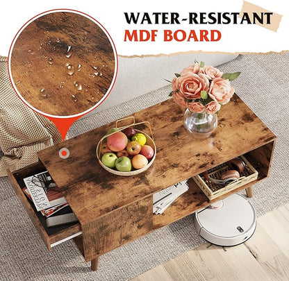 WLIVE Coffee Table, 39.4" Wood Coffee Table with Sliding Top up to 50" TV, Modern Center Table with Open Storage Shelf for Living Room, Bedroom, Rustic Brown