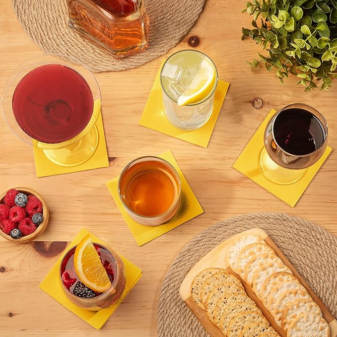 AH AMERICAN HOMESTEAD Paper Cocktail Napkins - Linen-Like Disposable Beverage Bar Napkins 4.75" x 4.75" - Bulk Square Napkins - Ideal for Party or Wedding (Yellow -100 Count)