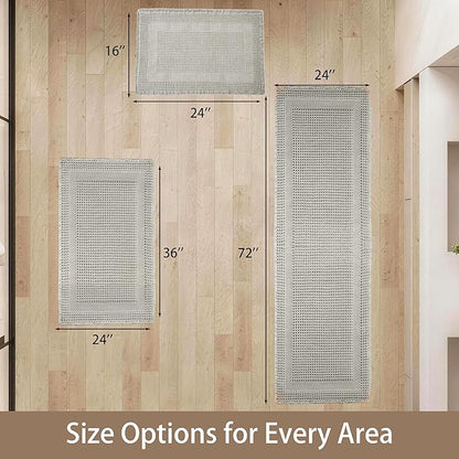 Waffle Bath Mat Non Slip, Boho Runner Rug, Super Absorbent Quick Dry Long Bath Runner Bathroom, Soft Farmhouse Bath Rug with Tassels, Washable Shower Mats for Floor 24"x48", Square Light Grey