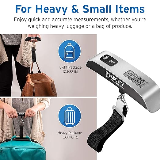 Etekcity Luggage Scale, Travel Essentials, Digital Weight Scales for Travel Accessories, Portable Handheld Scale with Temperature Sensor, Rubber Paint, 110 Pounds, Battery Included,2Pack