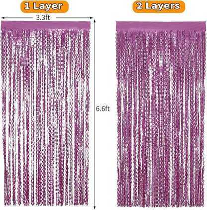 Purple Foil Curtains - 4 Pack 3.3 ft x 6.6 ft Wavy Fringe Curtain Backdrop for Party Photo Booth Props Decoration Mermaid Euphoria Themed | Purple Streamers for Mardi Gras Decorations