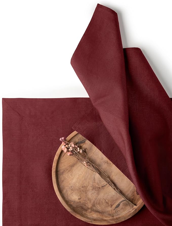 D'Moksha Homes Dark Red Linen Napkins 18 x 18 Inch - 100% Pure Linen Cloth Washable Dinner Napkins Set of 4 for Winter, Christmas, Holiday