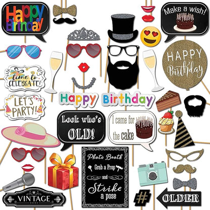 Birthday Photo Booth Props - 41-pc Kit with 8 x 10-Inch Sign, 60 Adhesive Pads, 45 Sticks