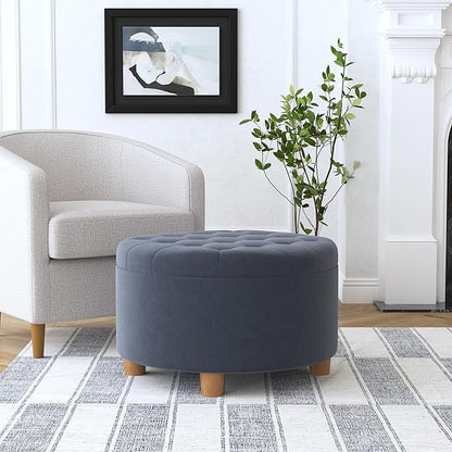 Homepop Home Decor | Button Tufted Velvet Round Storage Ottoman | Ottoman with Storage for Living Room & Bedroom, Steel Blue Velvet