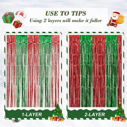 3 Pack Christmas Party Decorations, Red and Green Tinsel Foil Fringe Curtains,Ugly Sweater theme Photo Booth Prop Streamer Backdrop decor Indoor outdoor Party Supplies for Happy New Year party
