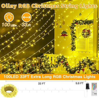 Ollny RGB Christmas Lights 100 LEDs 33 FT Clear Wire, 130 Modes Color Changing Connectable Christmas Tree Lights with Remote, Timer & Waterproof, Outdoor Xmas String Light for House Decorations