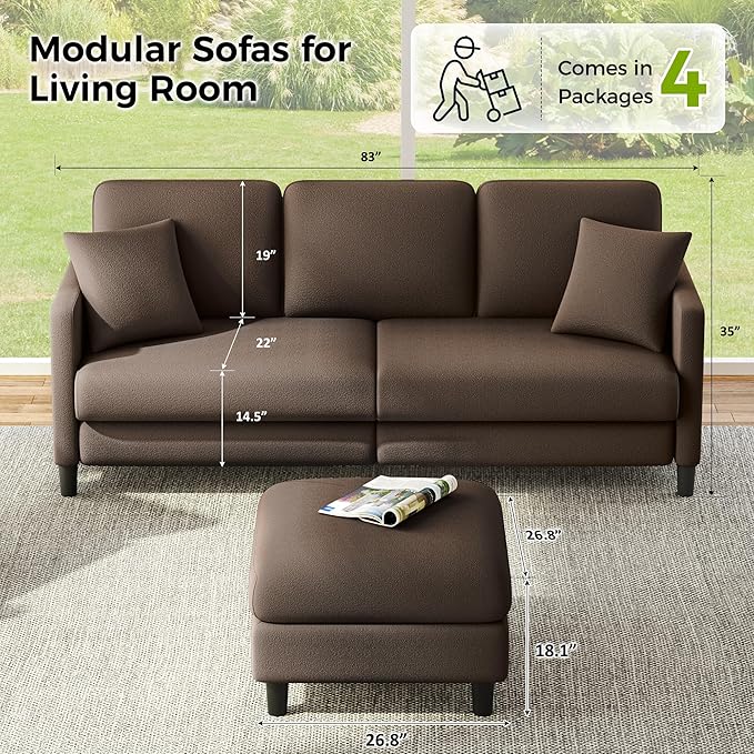 83" Couches for Living Room, Comfy Sofas for Living Room with Storage Ottomans, Teddy Sofa Couch, Tool-Free Loveseat Sofa, All-Wood Love Seat Couches, U Shaped Couch 2 Pillow Included, Khaki