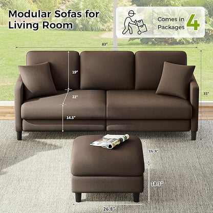 83" Couches for Living Room, Comfy Sofas for Living Room with Storage Ottomans, Teddy Sofa Couch, Tool-Free Loveseat Sofa, All-Wood Love Seat Couches, U Shaped Couch 2 Pillow Included, Khaki