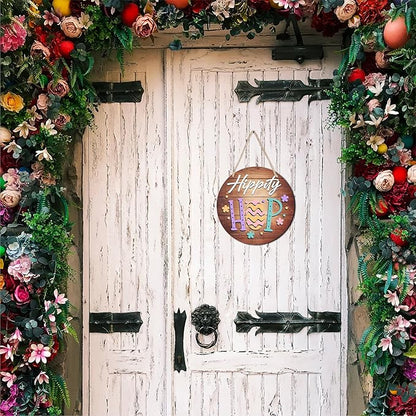 10" Easter Round Wooden Hanging Sign With Sisal Rope - Hippity Hop Wooden Plaque For Front Door, Porch, Outdoor Indoor, Farmhouse Wall Decor Party Favor & Decorations - B05