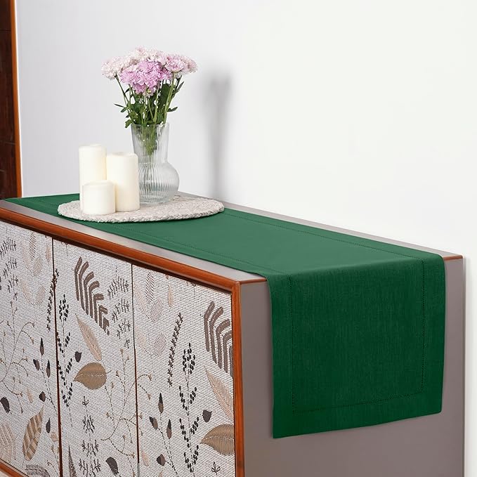 D'Moksha Homes Linen Forest Green Table Runner 90 Inches Long - Classic Hemstitch 100% Pure Linen Dining Table Runner 14 x 90 Inch for Winter, Christmas, Holiday