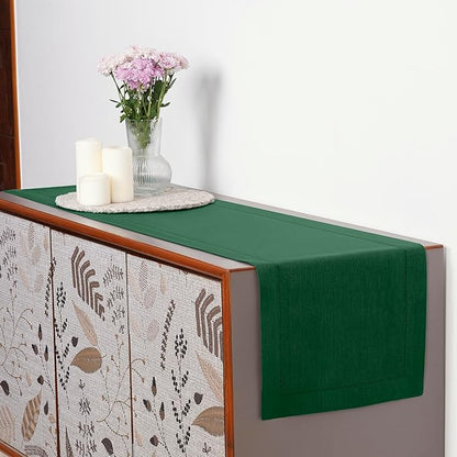 D'Moksha Homes Linen Forest Green Table Runner 108 Inches Long - 100% Pure Linen 14 x 108 Inch Table Runner for Winter, Christmas, Holiday - Classic Hemstitch