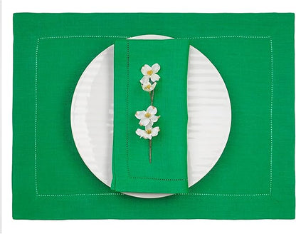 D'Moksha Homes Linen Placemats Set of 4 - Classic Hemstitch Kelly Green Placemats 14 x 19 Inch - 100% Pure Linen Table Mats for Christmas, Holiday - Handcrafted and Machine Washable
