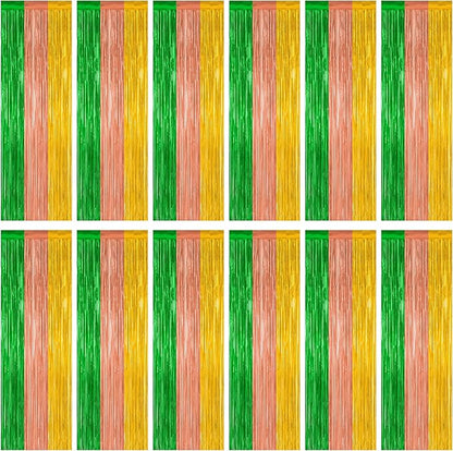 12 Pack Hawaiian Party Decorations, 3.28 FT x 7.05 FT Luau Party Decorations, Green Brown Yellow Luau Backdrop Fringe Curtains Foil Streamer, Metallic Summer Decor Luau Party Supplies