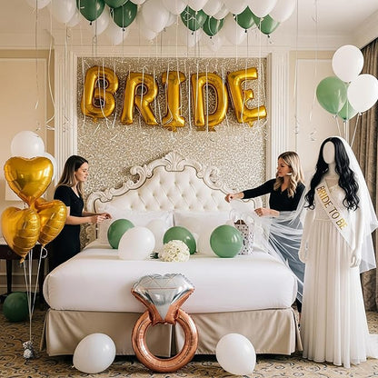 Sage Green Bridal Shower party decorations with HUGE 40 Inch BRIDE letter gold Balloons BRIDE to be Sash Bridal Veil Diamond Ring Heart shape Balloons For Bachelorette party Wedding supplies