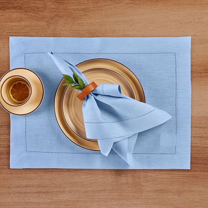 Solino Home Linen Cloth Placemats Set of 4-100% Pure Linen Hemstitch Cornflower Blue Placemats 14 x 19 Inch - Classic Hemstitch Table Place Mats for Christmas, Holiday, New Year