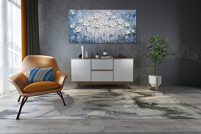 YHSKY ARTS Floral Canvas Wall Art Hand Painted Blue and White Heavy Textured Painting Modern Abstract Flower Pictures Contemporary Artwork for Living Room Bedroom Office Decoration