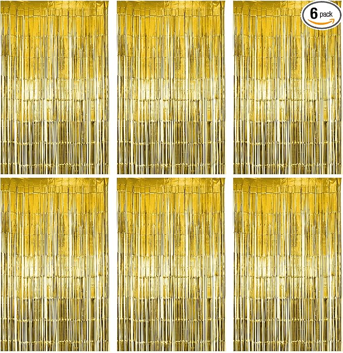 6 Pack Gold Foil Fringe Curtain Party Backdrop, Gold Tinsel Backdrop, Party Decorations Supplies for Birthday, Holidays, Parties & More