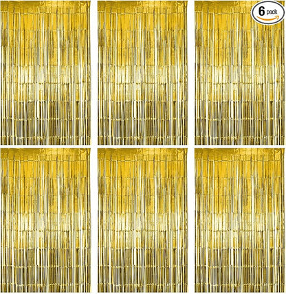 6 Pack Gold Foil Fringe Curtain Party Backdrop, Gold Tinsel Backdrop, Party Decorations Supplies for Birthday, Holidays, Parties & More