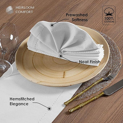 White Cloth Napkins 18x18 Inches, Set of 6-100% Cotton, Soft, Absorbent, Reusable, Washable - Elegant Hemstitch Mitered Edges - Ideal for Weddings, Baby Showers, Holiday Gatherings
