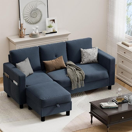 JAMFLY Convertible Sectional Couches for Living Room, L-Shaped Couch 3 Seat Sectional Sofa Set with Polyester Fabric and Movable Ottoman Small Couch for Apartments, Office(Blue)