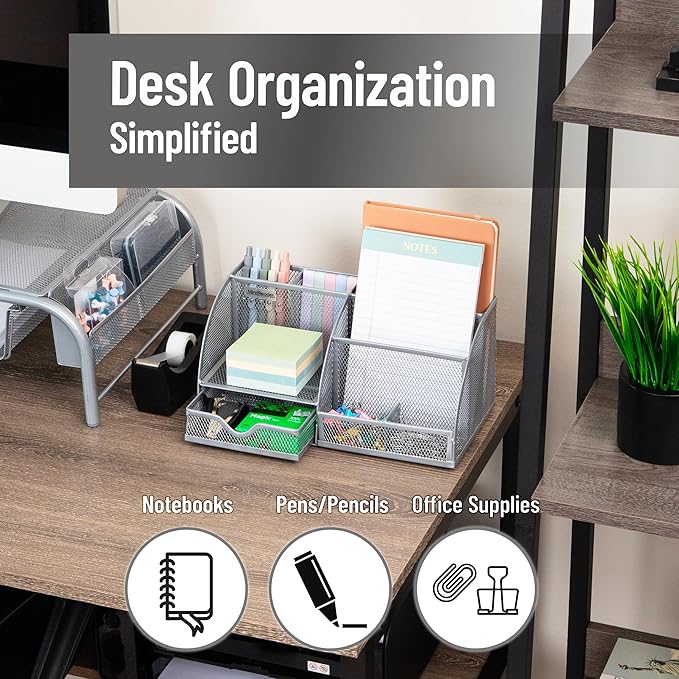 Mind Reader 7-Compartment Desktop Organizer, File & Accessory Storage, Metal Mesh Office Organizer for Desk, Workspace, Mail, Silver