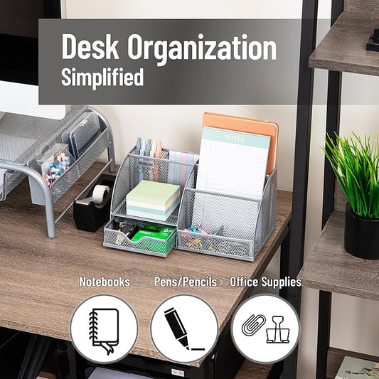 Mind Reader 7-Compartment Desktop Organizer, File & Accessory Storage, Metal Mesh Office Organizer for Desk, Workspace, Mail, Silver