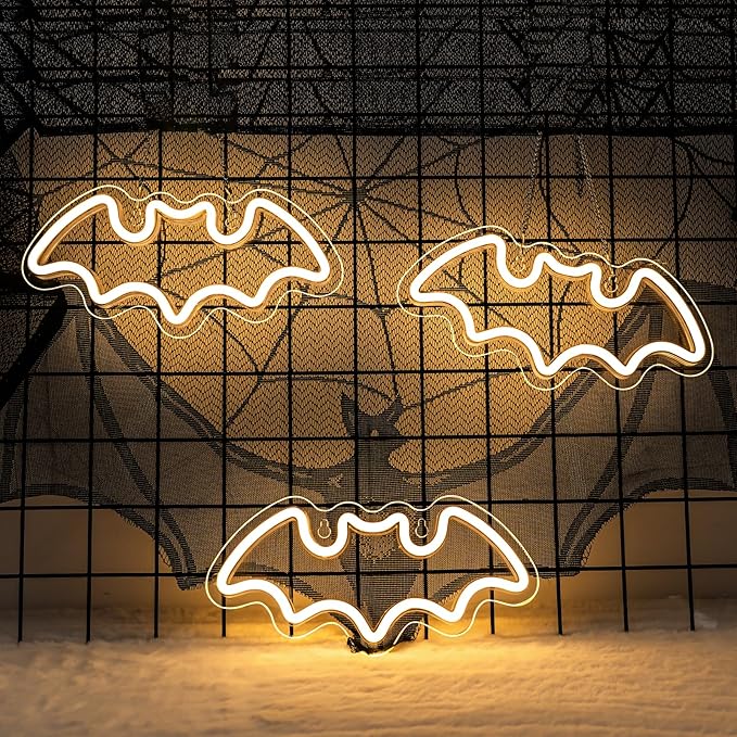 NOSUN 3 Bats Shape Neon Signs Night Lights Warm White Bats LED Light for Bedroom Bar Wall Halloween Decor Home Cafe Recreation Room Wall Artwork