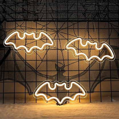 NOSUN 3 Bats Shape Neon Signs Night Lights Warm White Bats LED Light for Bedroom Bar Wall Halloween Decor Home Cafe Recreation Room Wall Artwork