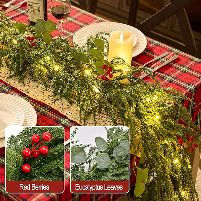 9FT Christmas Garland with Lights, Battery Operated Garland with Red Berries and Eucalyptus Leaves, Real Touch Artificial Prelit Garland for Mantle, Fireplace, Table, Stairs & Christmas Decorations