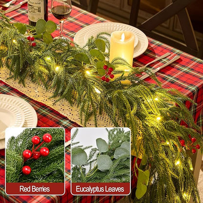 9FT Christmas Garland with Lights, Battery Operated Garland with Red Berries and Eucalyptus Leaves, Real Touch Artificial Prelit Garland for Mantle, Fireplace, Table, Stairs & Christmas Decorations