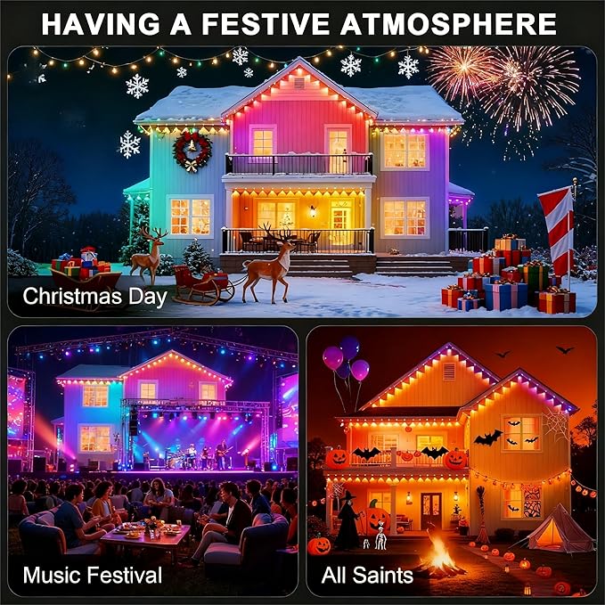 Permanent Outdoor Lights 200FT—Smart RGB Eave Lighting with App & Remote Control, IP67 Waterproof for House Exterior, Garden, Holiday, and Party Decor