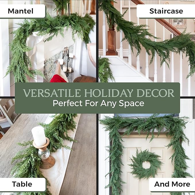 Real Touch Cedar Garland Artificial Realistic, Faux Cedar Garland Realistic, Realistic Christmas Garland for Mantle, Stairs, Table, Real Touch Garlands Fireplace (Extra Full, 6 Foot)