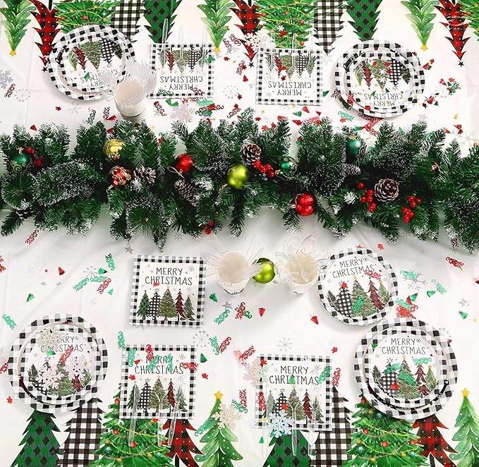 Christmas Plates Disposable Party Set with Plates and Napkins, Cups, Tablecloth Kit Serves 24 Guests, Christmas Tree Pattern Disposable Dinnerware Set for Xmas Holiday Party Disposable Supplie