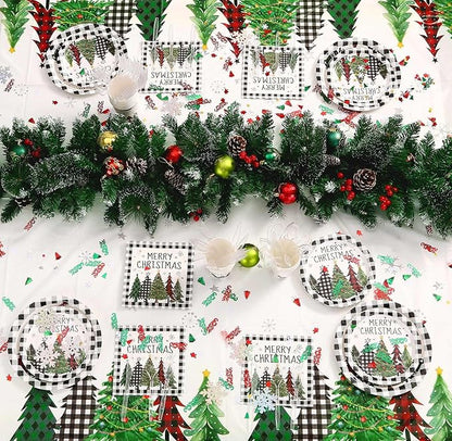 Christmas Plates Disposable Party Set with Plates and Napkins, Cups, Tablecloth Kit Serves 24 Guests, Christmas Tree Pattern Disposable Dinnerware Set for Xmas Holiday Party Disposable Supplie