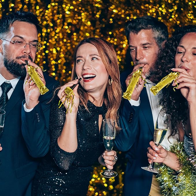 100Pcs New Years Noise Makers Party Favors, Metallic Fringed Party Blowers, Gold New Years Eve Supplies Party Horns NYE Blowers for Adults Women Men Eve Family Gathering