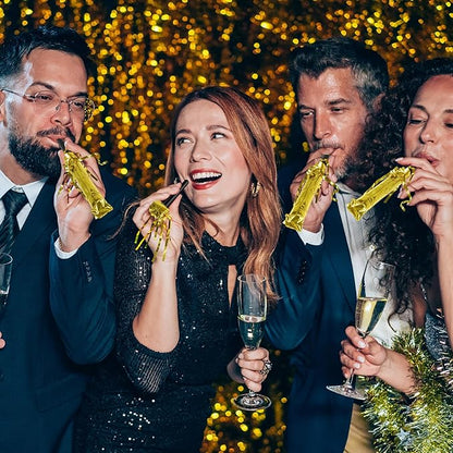 100Pcs New Years Noise Makers Party Favors, Metallic Fringed Party Blowers, Gold New Years Eve Supplies Party Horns NYE Blowers for Adults Women Men Eve Family Gathering