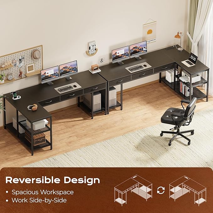 PRAISUN 63 Inch L Shaped Office Desk with Power Outlets and Type-C Port, Large Computer Gaming Desk with 3 Fabric Drawers, Mesh Shelves, Corner Study Work Writing Desk, Black