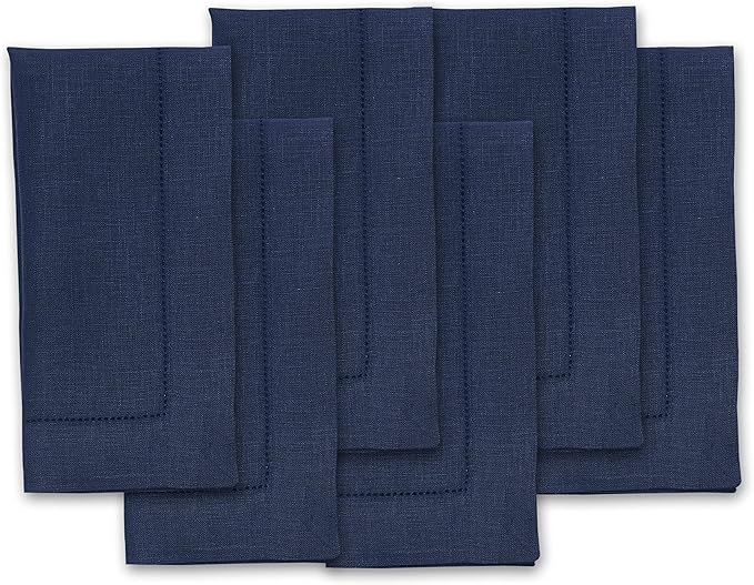 Solino Home Navy Blue Linen Napkins Set of 6-100% Pure Linen Hemstitch Dinner Napkins 20 x 20 Inch for Fall, Autumn, Christmas, Holiday, Winter, New Year - Classic Hemstitch