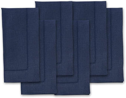 Solino Home Navy Blue Linen Napkins Set of 6-100% Pure Linen Hemstitch Dinner Napkins 20 x 20 Inch for Fall, Autumn, Christmas, Holiday, Winter, New Year - Classic Hemstitch