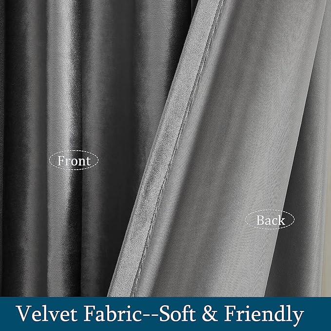 PRIMROSE Dark Grey Velvet Curtains 72 inch Long for Living Room,Set of 2 Panels Blackout Rod Pocket Back Tab Window Treatment Room Darkening Heavy Decorative Curtains Drapes for Bedroom