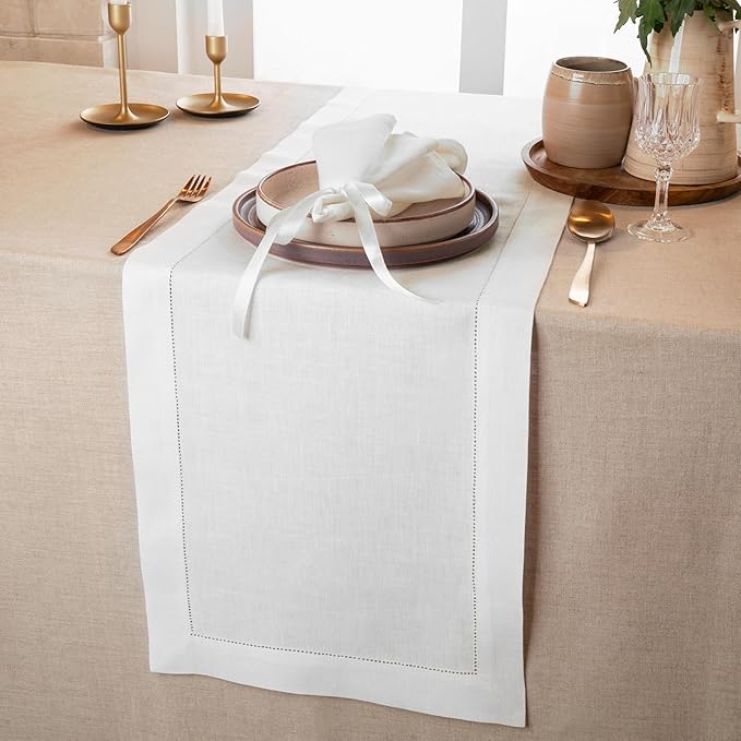 D'Moksha Homes Linen White Table Runner 36 Inches - 100% Pure Linen Small Table Runner 14 x 36 Inch Ideal for Dresser, Coffee Tables, Christmas - Classic Hemstitch