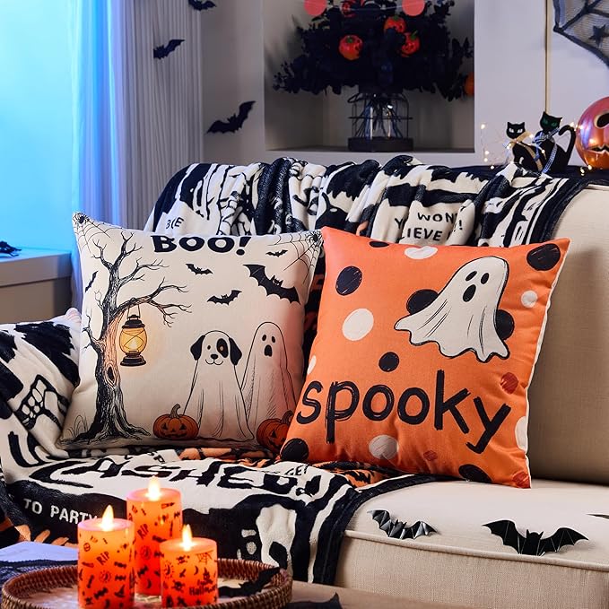 Halloween Ghost Pillow Covers 18x18 Inch,Set of 4 Vintage Halloween Decor Indoor Outdoor Throw Pillow Covers, Trick or Treat Orange Black Linen Cushion Case for Home Sofa Couch Bedroom Chair