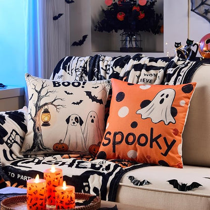 Halloween Ghost Pillow Covers 18x18 Inch,Set of 4 Vintage Halloween Decor Indoor Outdoor Throw Pillow Covers, Trick or Treat Orange Black Linen Cushion Case for Home Sofa Couch Bedroom Chair
