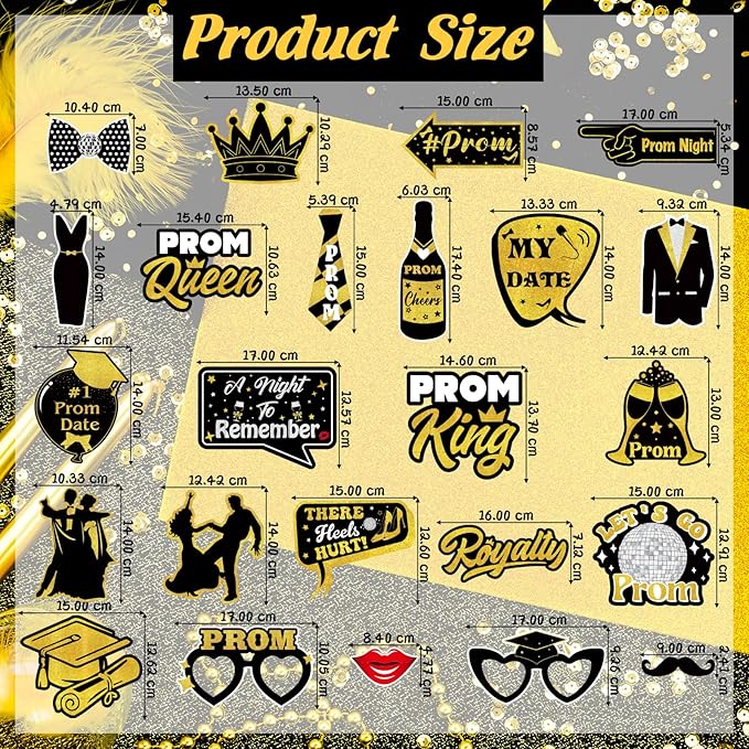 24 Pieces Black Gold Prom Photo Booth Props Kit, Graduation Party Decorations Supplies for Prom Night, Themed Dance & Senior High School Decor