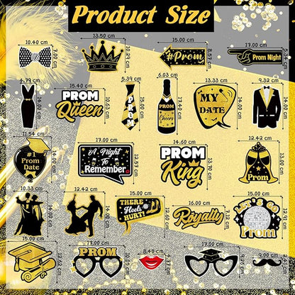 24 Pieces Black Gold Prom Photo Booth Props Kit, Graduation Party Decorations Supplies for Prom Night, Themed Dance & Senior High School Decor